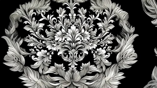 Ornate floral motif transformation with intricate black and white symmetry
