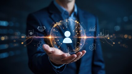 Businessperson's hand holding a holographic user profile.