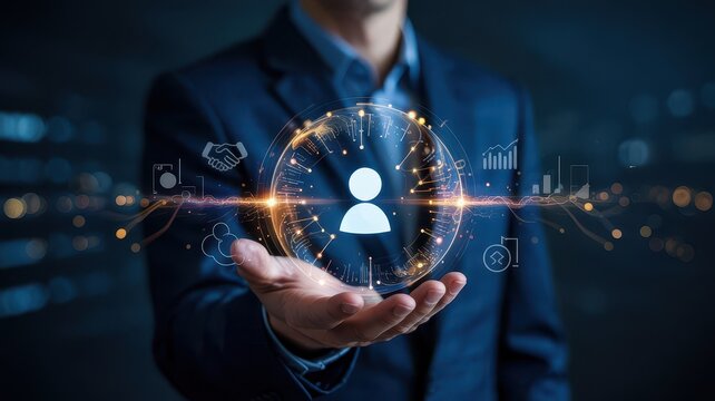 Businessperson's hand holding a holographic user profile.