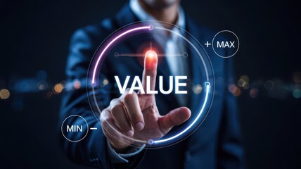 A businessperson interacts with a glowing value interface.