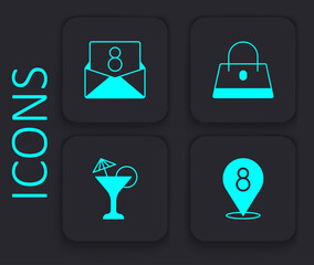 Set 8 March, Envelope with, Handbag and Martini glass icon. Black square button. Vector