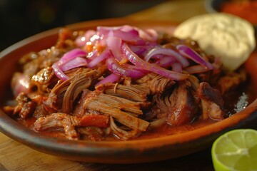 Shredded Cochinita Pibil With Pickled Onions, Corn Tortillas, And Lime Wedge