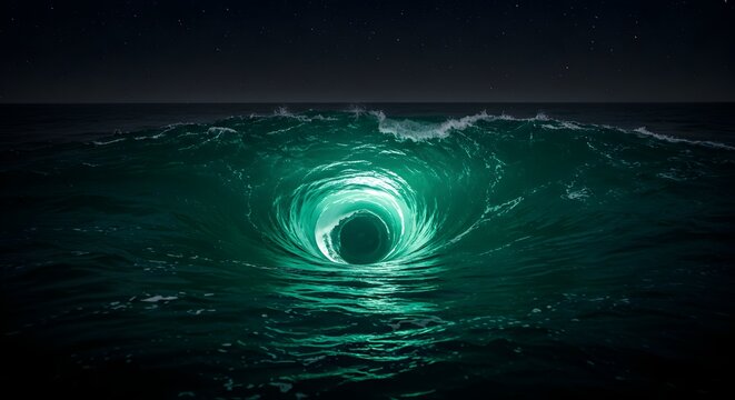 Mesmerizing Ocean Vortex Nighttime Bioluminescence Creates an Ethereal Underwater Portal