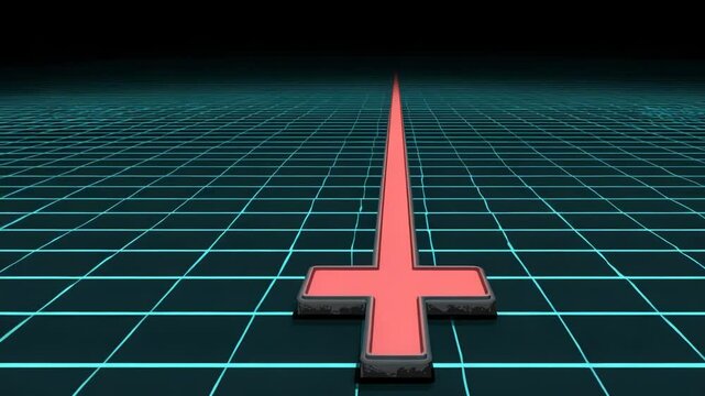 Neon cross on gridded background