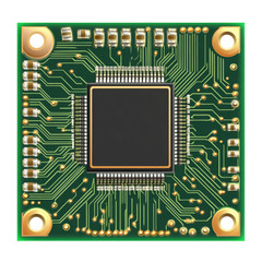 High-Performance Microchip on Circuit Board with Integrated Components for Advanced Electronics Applications on transparent background