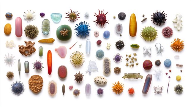 Top down view of variety of microorganisms including bacteria viruses protozoa fungi color coded realistically styled in a sterile field white background no text perfect for microbiology illustrations