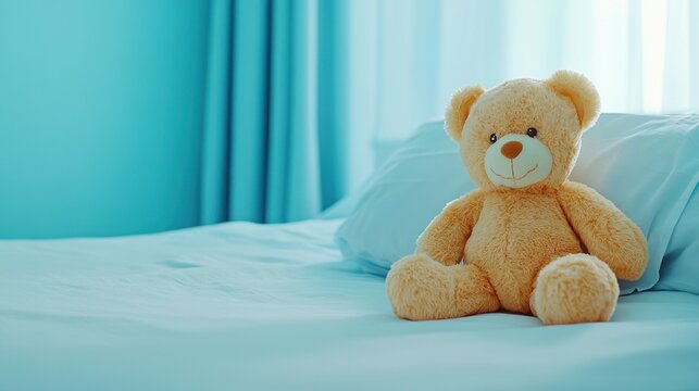 Teddy bear sitting on bed soft light blue sheets