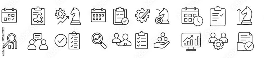 Poster Set of line style web icons representing various activities and concepts related to planning, analysis, and teamwork