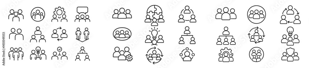 Poster Web icons collection featuring line style representations of teamwork, communication, and collaboration concepts in a modern design