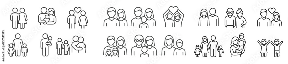 Poster Collection of web icons representing diverse groups of people and relationships in a clean line style design