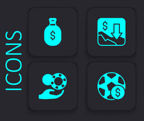 Set Football betting money, Money bag, Financial growth decrease and Hand holding casino chips icon. Black square button. Vector