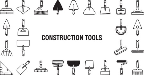 Construction Hand Tools Vector Collection Featuring Trowels, Rollers and Rakes in Outline Style for DIY Projects, Building Guides and Hardware Designs