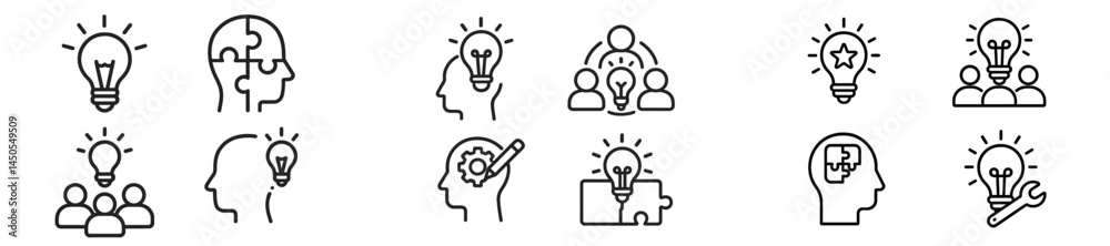 Aufkleber Set of web icons designed in line style depicting innovative ideas and collaboration concepts for digital platforms and applications