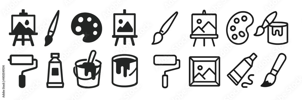 Poster collection of web icons showcasing art supplies and tools for creative activities in a minimalist li