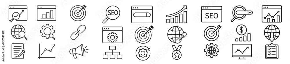 Poster Set of web icons in line style representing digital marketing tools and analytics for improving online presence and performance