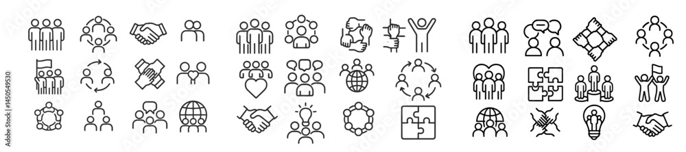 Poster collection of line style web icons representing community, collaboration, and connection among peopl