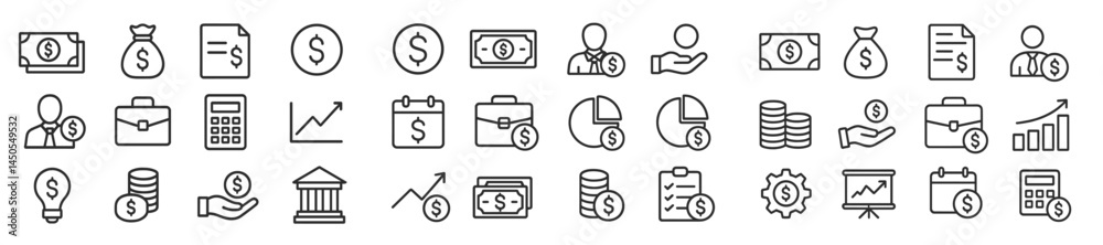 Poster Collection of line style web icons representing finance and business activities with various financial elements