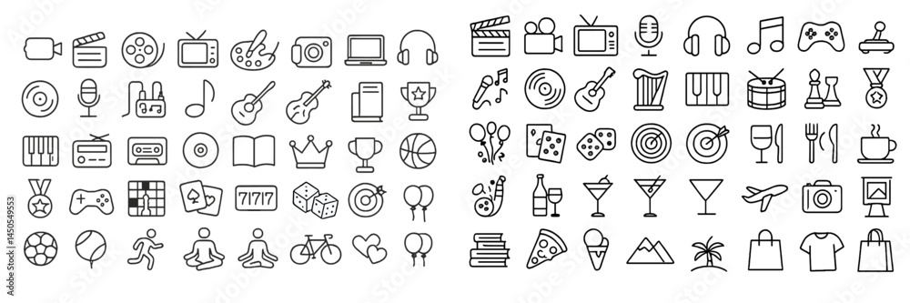 Poster set of line style web icons featuring diverse activities, entertainment, and leisure elements for mo