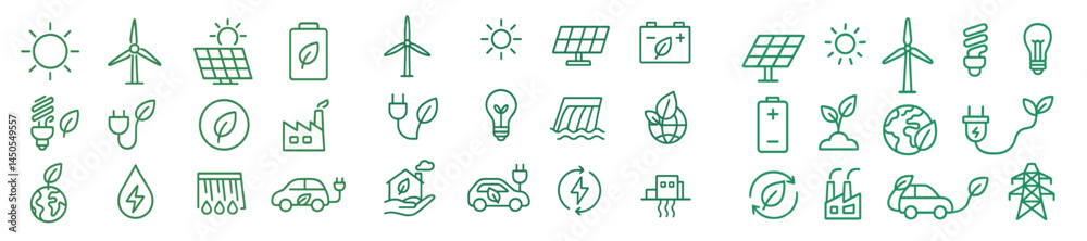Poster collection of web icons in line style representing renewable energy and sustainability concepts
