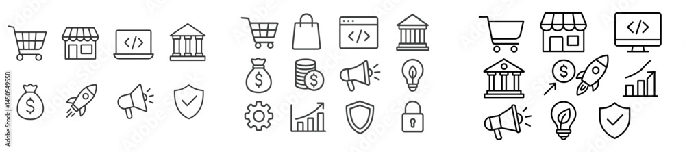 Poster collection of line style web icons featuring e-commerce, finance, and technology themes for digital 