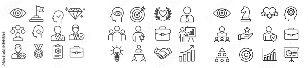 Poster Collection of line style web icons for various business and personal development themes with diverse symbols and representations