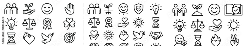 Poster Collection of line style web icons representing various concepts of community, nature, and well-being for digital applications