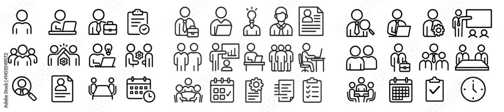 Poster Set of web icons representing business activities and professional roles in a clean line style format for digital use