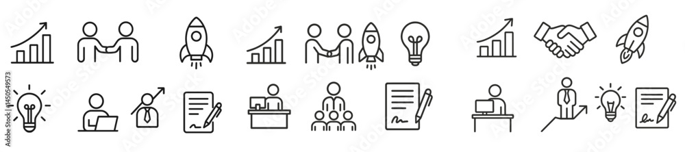 Poster Set of web icons showcasing various business and technology concepts in line style for digital applications and websites