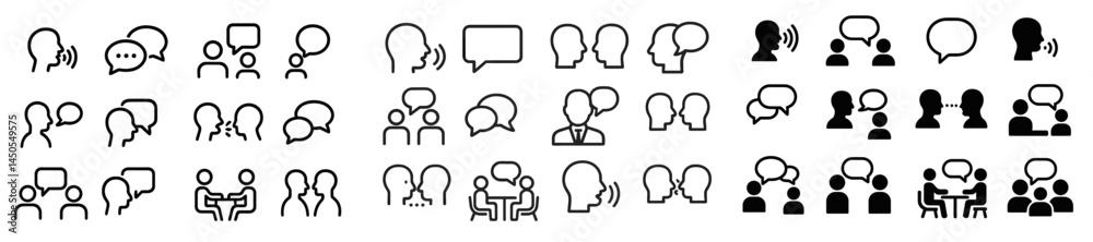 Poster web icons showcasing various line style designs for communication and conversation among people in d