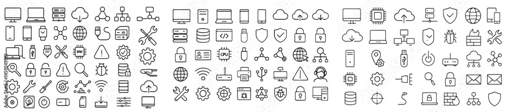 Poster Set of web icons showcasing technology, connectivity, and security in line style for digital applications
