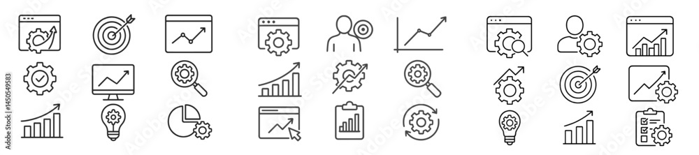 Poster Set of line style web icons representing various analytics, technology, and business concepts for digital applications