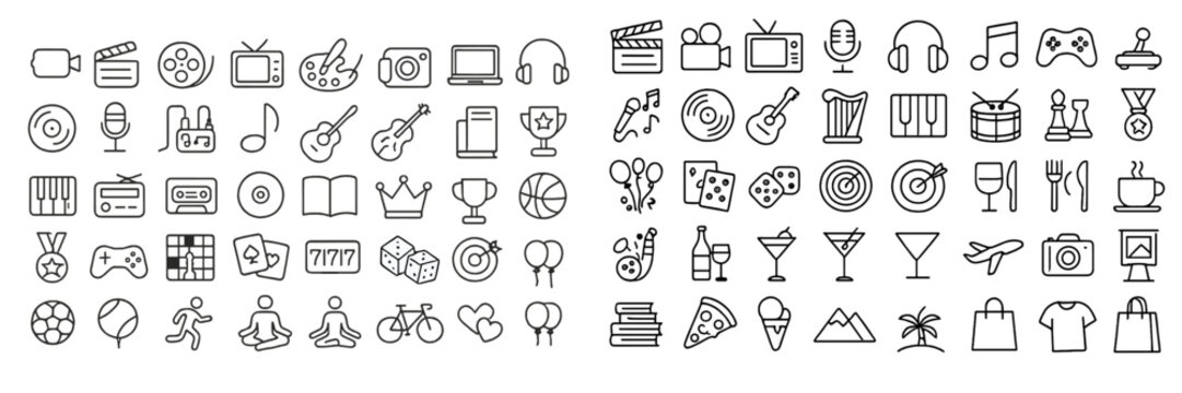 Set of line style web icons featuring diverse activities, entertainment, and leisure elements for modern digital use