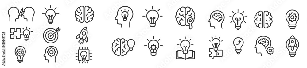 Poster Collection of line style web icons featuring creativity, innovation, and problem-solving elements