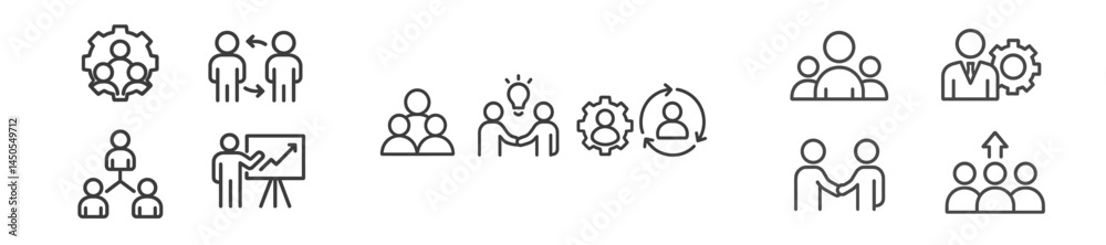 Poster Set of web icons designed in line style representing various teamwork and business activities for digital use