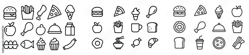 Poster Collection of line style web icons representing various food items and beverages for digital design projects