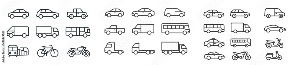 Poster Collection of transport web icons depicted in line style for diverse vehicle representation in digital applications
