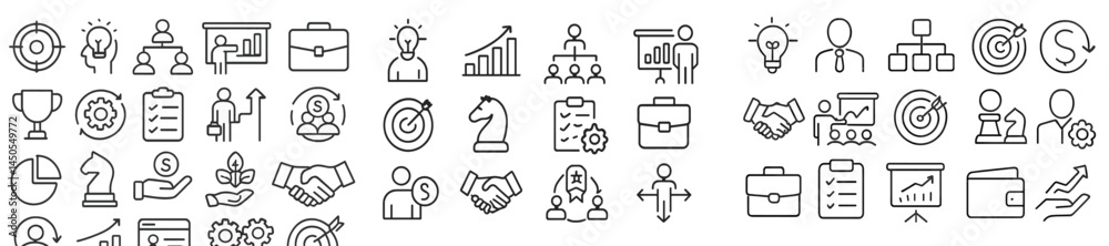 Poster Set of web icons showcasing various business symbols in line style for digital marketing and online services