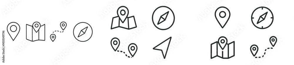 Poster Set of web icons designed in line style representing navigation, maps, and location features for digital applications and websites