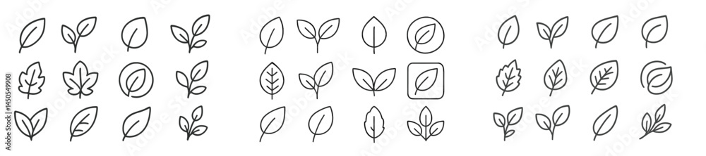 Poster Set of web icons featuring various leaf designs in line style for nature-related applications and projects