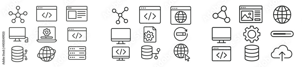 Poster Collection of web icons in line style featuring computers, data, networks, and user interface elements for digital applications