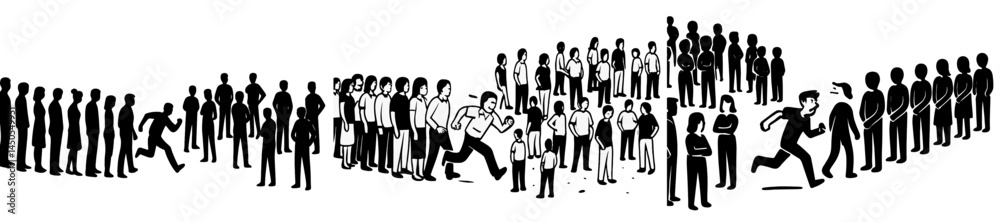 Poster Line style web icons depicting varied human actions and interactions in a crowd setting during a social event