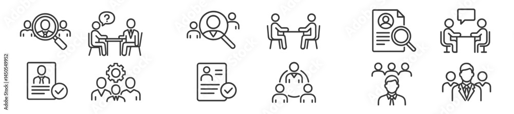 Poster collection of line style web icons illustrating various business activities and interactions among p