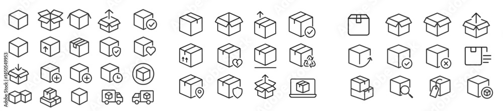 Poster Set of web icons depicting various box and package designs for logistics and shipping applications in a clean line art style