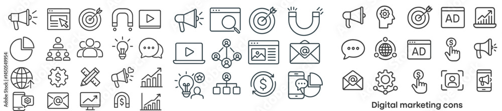 Poster Collection of line style web icons representing various digital marketing elements and activities for effective online strategies