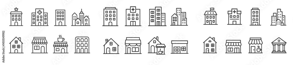 Poster Collection of web icons depicting various building types in line style emphasizing urban architecture