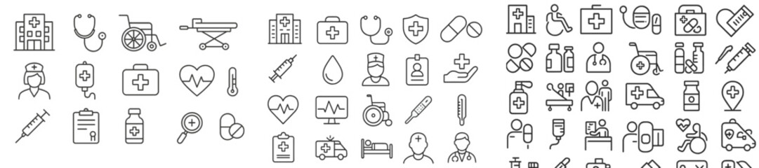 Set of web icons depicting medical services and healthcare elements in line style for digital use
