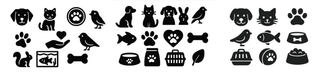Collection of web icons depicting pets and pet care items in line style for digital use