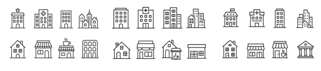 Fototapeta premium Collection of web icons depicting various building types in line style emphasizing urban architecture