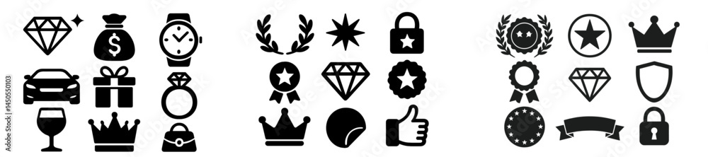 Poster collection of line style web icons featuring luxury, finance, and reward symbols for digital design