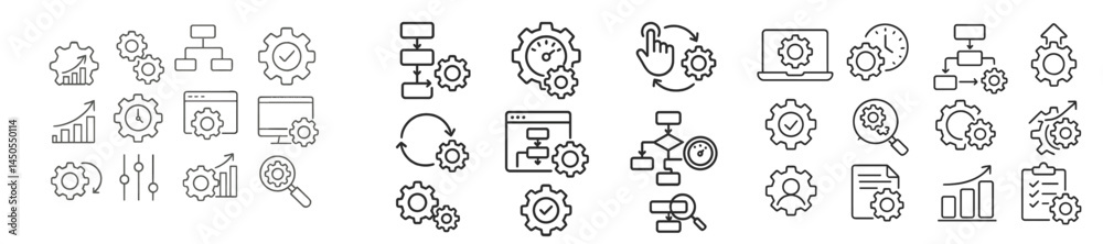 Fototapete Web icons depicting various processes and tools in line style illustrating digital interaction and workflow enhancement
